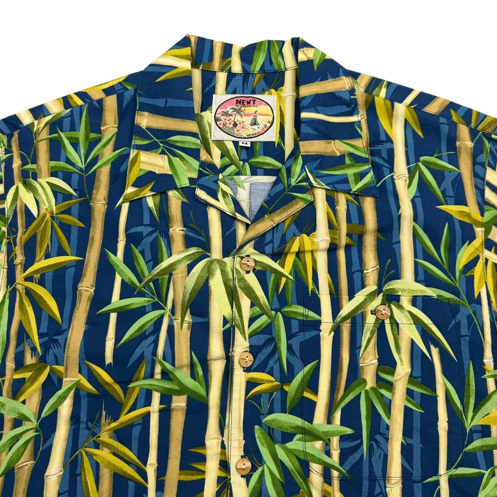 NEWT AT THE ROYAL Shirt Mens M Blue Short Sleeve Button Bamboo Hawaiian Vintage